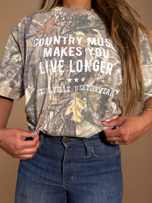 COUNTRY MUSIC MAKES YOU LIVE LONGER TEE - Vintage Camo