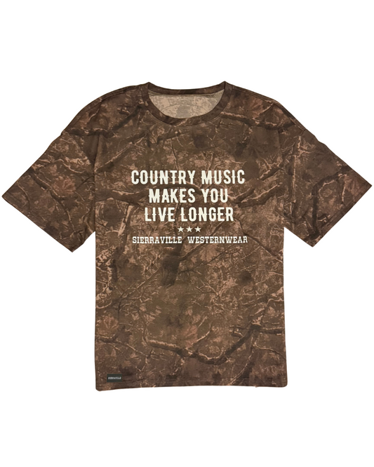 COUNTRY MUSIC MAKES YOU LIVE LONGER LADIES' TEE - Brown Camo